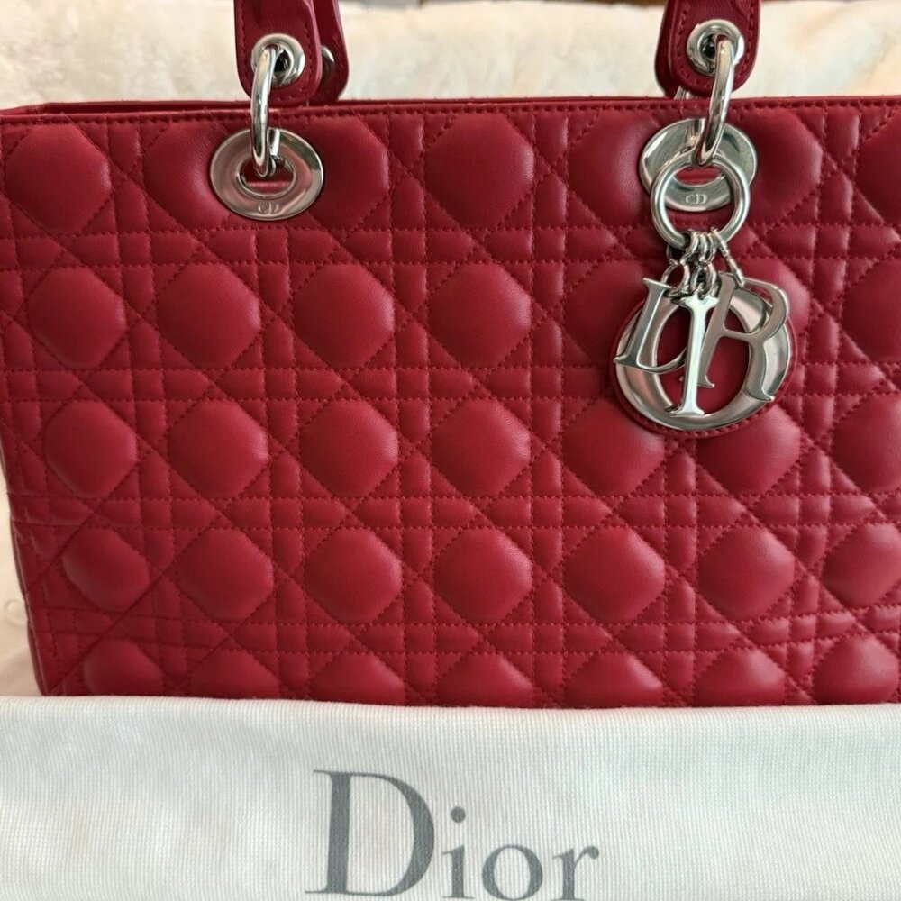 Christian Dior Lambskin Cannage Large Red Lady Dior Shoulder Bag